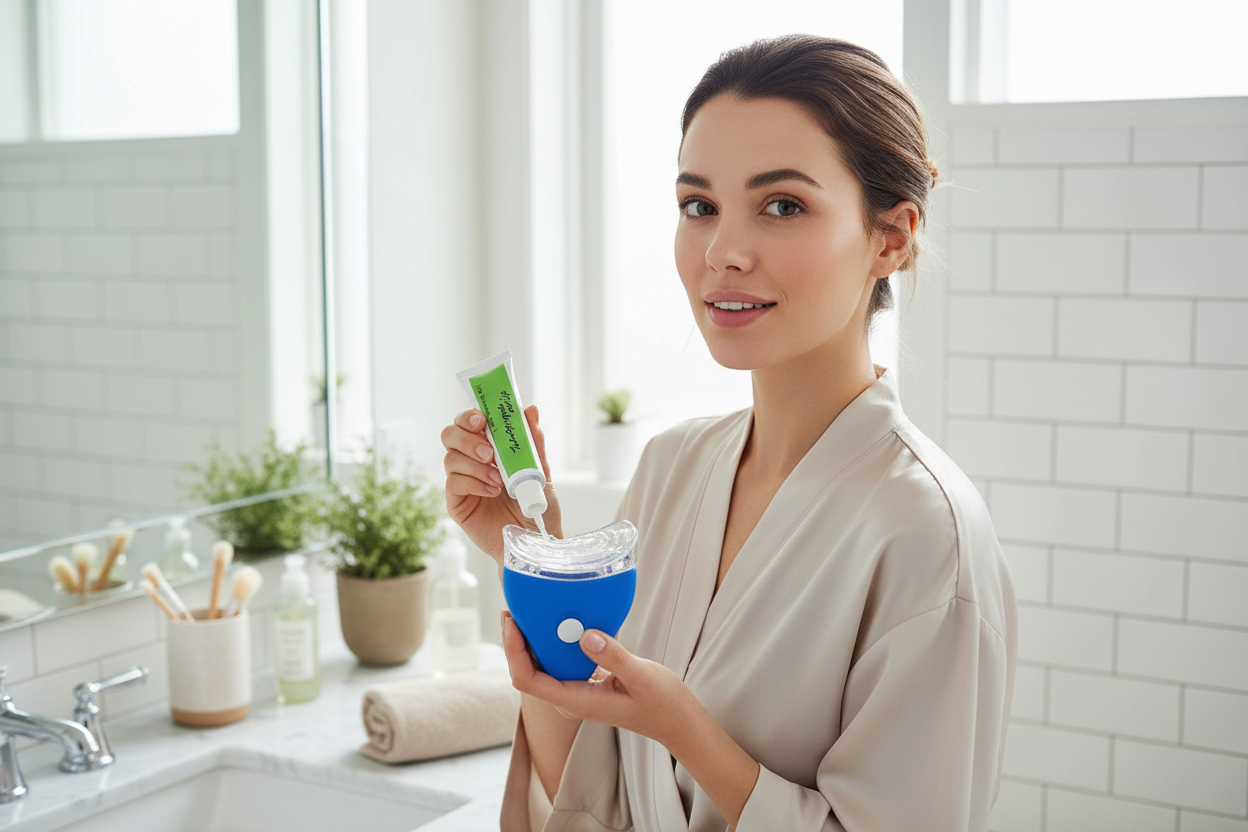 Woman applying teeth whitening gel