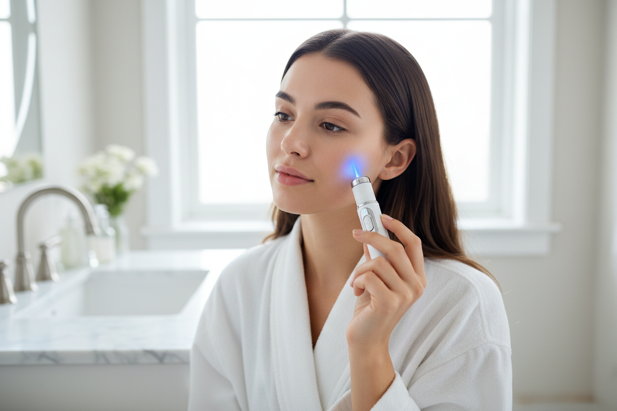 Woman using blue light laser pen on acne