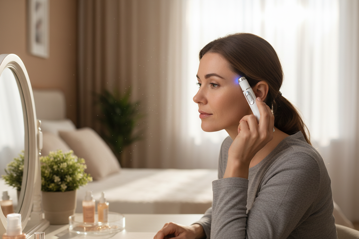 Woman using blue light laser pen on forehead
