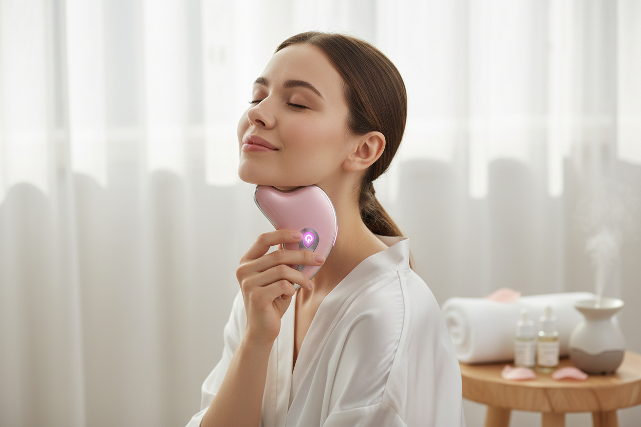 Woman using LED gua sha on jawline